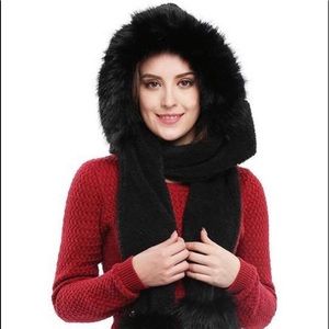 Black Hooded Hat, Neck Warm Scarf and Mitten Combo